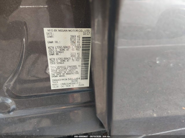 2018 Nissan Titan Xd Sv Gas მანქანა იყიდება აუქციონზე, vin: 1N6AA1F44JN501184, აუქციონის ნომერი: 45889687