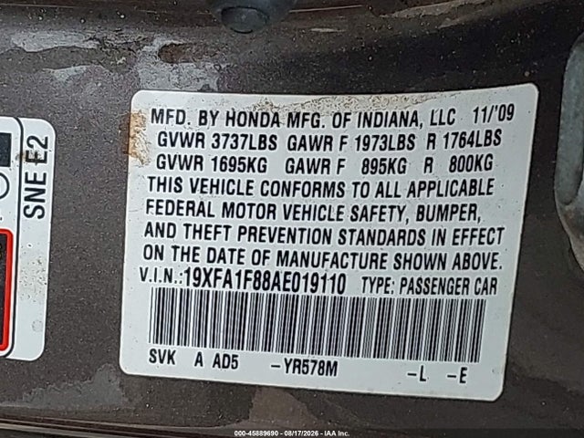 Продаж на аукціоні авто 2010 Honda Civic Ex, vin: 19XFA1F88AE019110, номер лоту: 45889690