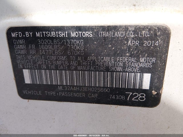 Aukcja sprzedaży 2014 Mitsubishi Mirage Es, vin: ML32A4HJ3EH025660, numer aukcji: 45889691
