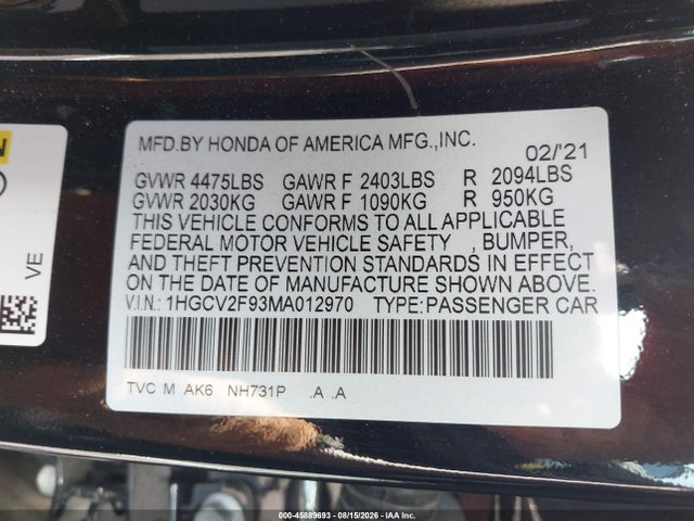 Aukcja sprzedaży 2021 Honda Accord Touring, vin: 1HGCV2F93MA012970, numer aukcji: 45889693