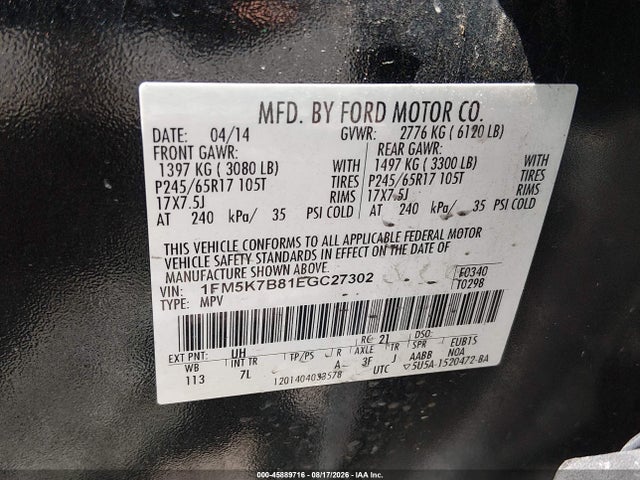 2014 Ford Explorer მანქანა იყიდება აუქციონზე, vin: 1FM5K7B81EGC27302, აუქციონის ნომერი: 45889716