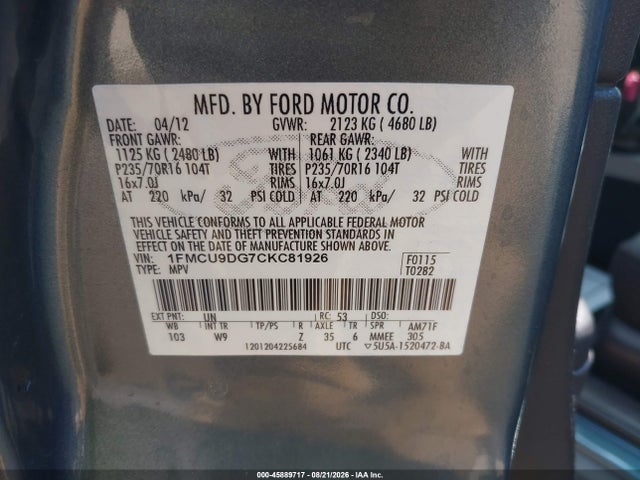 Aukcja sprzedaży 2012 Ford Escape Xlt, vin: 1FMCU9DG7CKC81926, numer aukcji: 45889717