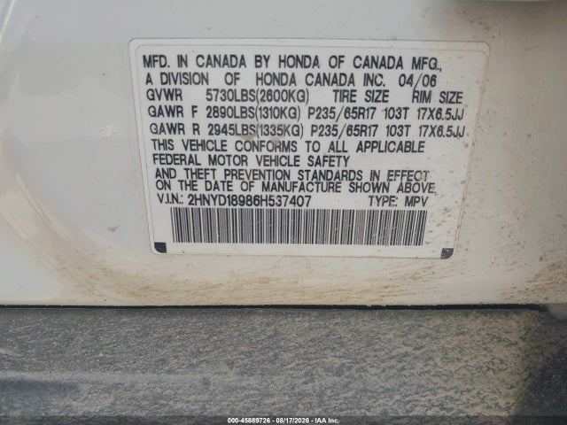 2006 Acura Mdx მანქანა იყიდება აუქციონზე, vin: 2HNYD18986H537407, აუქციონის ნომერი: 45889726