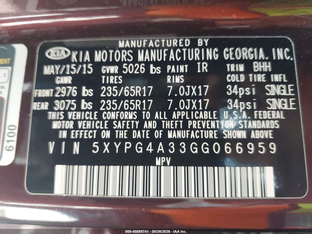 Auction sale of the 2016 Kia Sorento 2.4l Lx, vin: 5XYPG4A33GG066959, lot number: 45889741