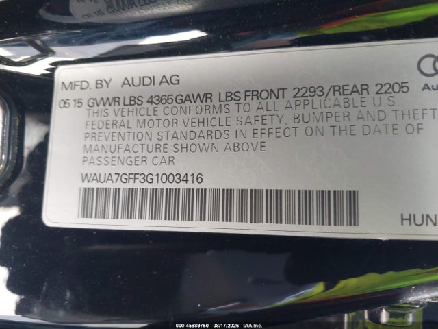 Продажа на аукционе авто 2016 Audi A3 1.8t Premium, vin: WAUA7GFF3G1003416, номер лота: 45889750