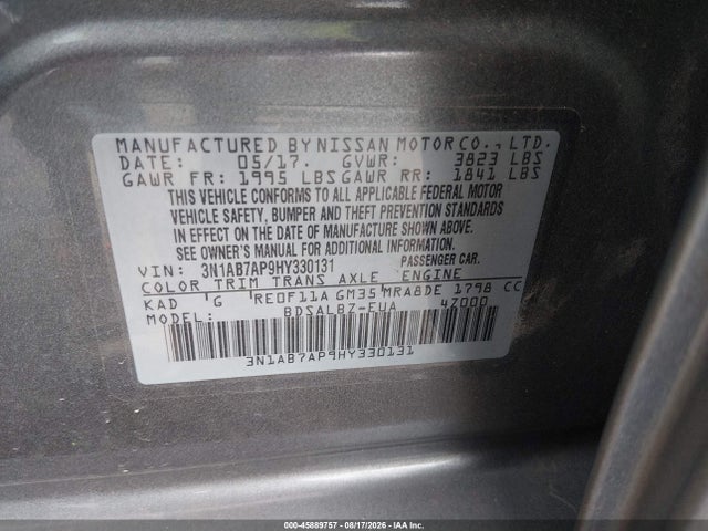 2017 Nissan Sentra S მანქანა იყიდება აუქციონზე, vin: 3N1AB7AP9HY330131, აუქციონის ნომერი: 45889757
