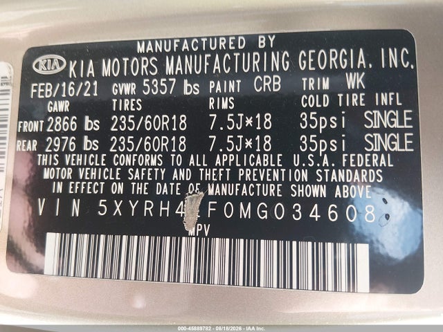 45889782 :رقم المزاد ، 5XYRH4LF0MG034608 vin ، 2021 Kia Sorento Ex مزاد بيع