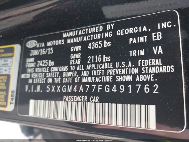 45889823 :رقم المزاد ، 5XXGM4A77FG491762 vin ، 2015 Kia Optima Lx مزاد بيع