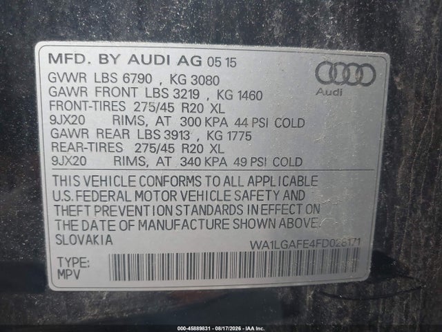 Продажа на аукционе авто 2015 Audi Q7 3.0t Premium, vin: WA1LGAFE4FD028171, номер лота: 45889831