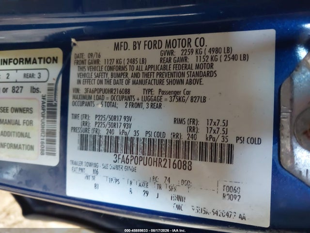 45889833 :رقم المزاد ، 3FA6P0PU0HR216088 vin ، 2017 Ford Fusion Energi Se Luxury مزاد بيع