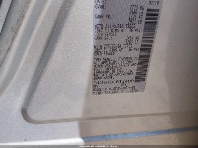 Aukcja sprzedaży 2019 Nissan Pathfinder Sl, vin: 5N1DR2MN3KC613400, numer aukcji: 45889837