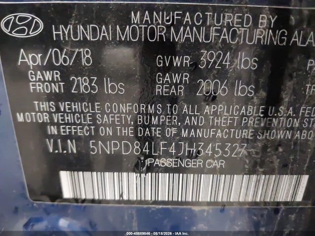 2018 Hyundai Elantra Sel მანქანა იყიდება აუქციონზე, vin: 5NPD84LF4JH345327, აუქციონის ნომერი: 45889846