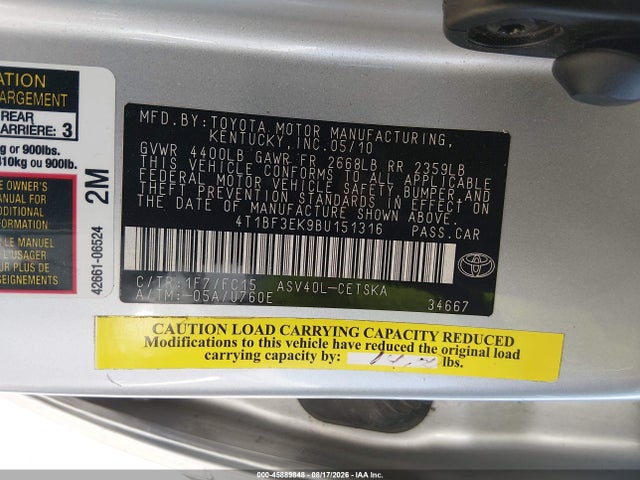 Aukcja sprzedaży 2011 Toyota Camry Se, vin: 4T1BF3EK9BU151316, numer aukcji: 45889848