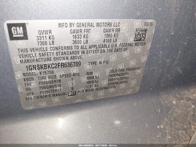 2015 Chevrolet Tahoe Lt მანქანა იყიდება აუქციონზე, vin: 1GNSKBKC2FR636789, აუქციონის ნომერი: 45889852