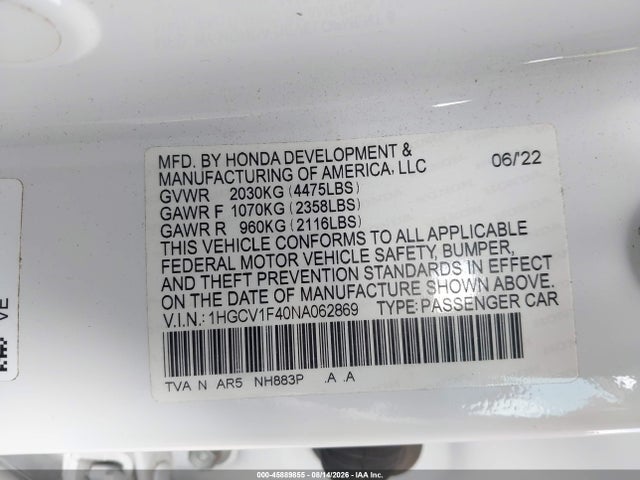1HGCV1F40NA062869 Honda Accord Sport Special Edition