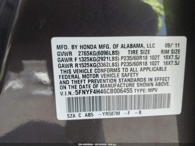 45889864 :رقم المزاد ، 5FNYF4H46CB006455 vin ، 2012 Honda Pilot Ex مزاد بيع