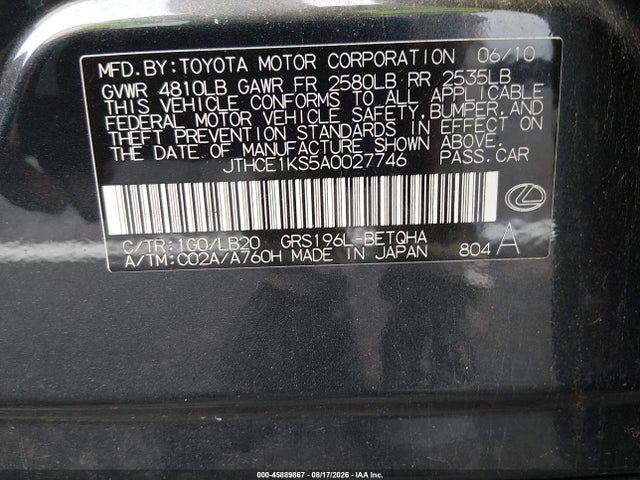 Продаж на аукціоні авто 2010 Lexus Gs 350, vin: JTHCE1KS5A0027746, номер лоту: 45889867