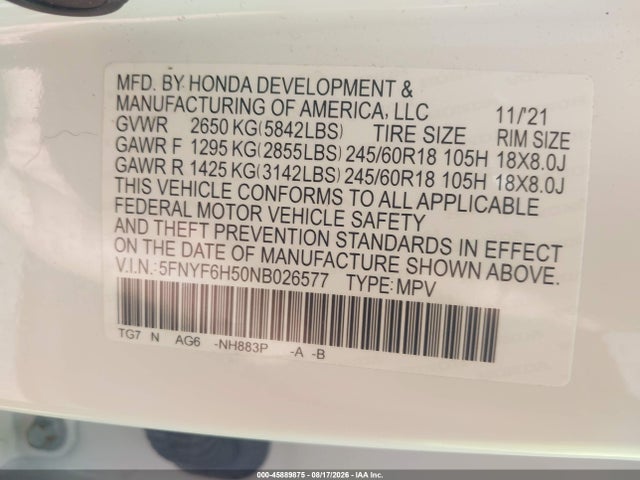 2022 Honda Pilot Awd Ex-l მანქანა იყიდება აუქციონზე, vin: 5FNYF6H50NB026577, აუქციონის ნომერი: 45889875