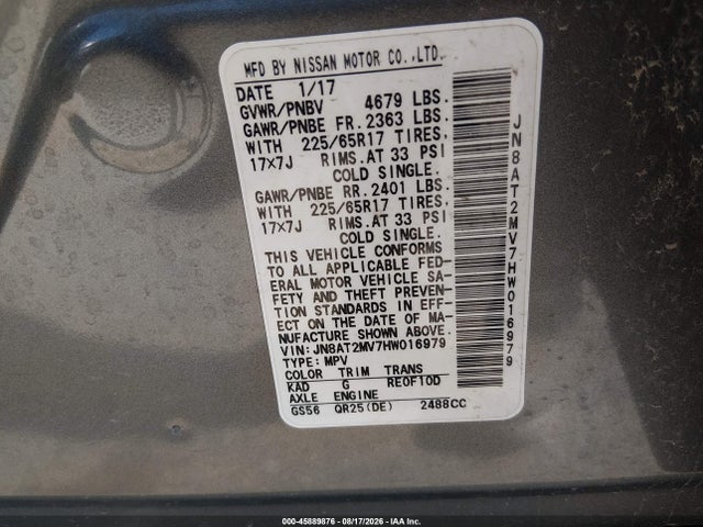 2017 Nissan Rogue Sv მანქანა იყიდება აუქციონზე, vin: JN8AT2MV7HW016979, აუქციონის ნომერი: 45889876