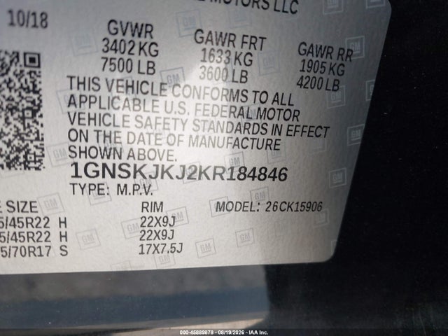 Продаж на аукціоні авто 2019 Chevrolet Suburban Premier, vin: 1GNSKJKJ2KR184846, номер лоту: 45889878