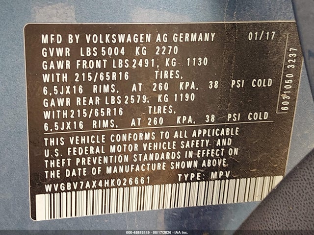 Продаж на аукціоні авто 2017 Volkswagen Tiguan 2.0t/2.0t S, vin: WVGBV7AX4HK026661, номер лоту: 45889889