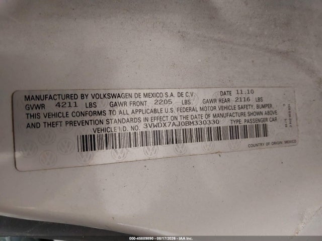 Продажа на аукционе авто 2011 Volkswagen Jetta 2.5l Se, vin: 3VWDX7AJ0BM330330, номер лота: 45889890