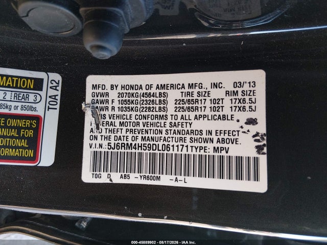 45889902 :رقم المزاد ، 5J6RM4H59DL061171 vin ، 2013 Honda Cr-v Ex مزاد بيع