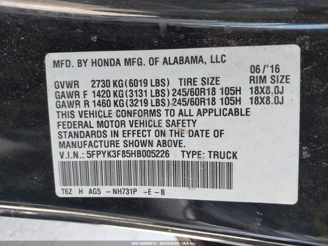 Aukcja sprzedaży 2017 Honda Ridgeline Black Edition, vin: 5FPYK3F85HB005226, numer aukcji: 45889915