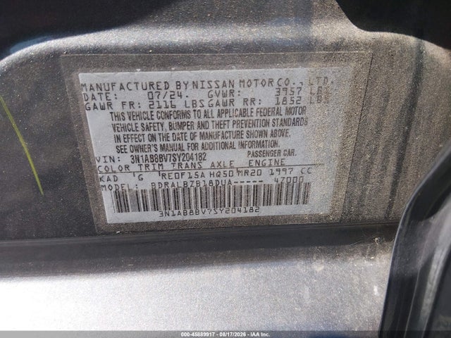 2025 Nissan Sentra S მანქანა იყიდება აუქციონზე, vin: 3N1AB8BV7SY204182, აუქციონის ნომერი: 45889917