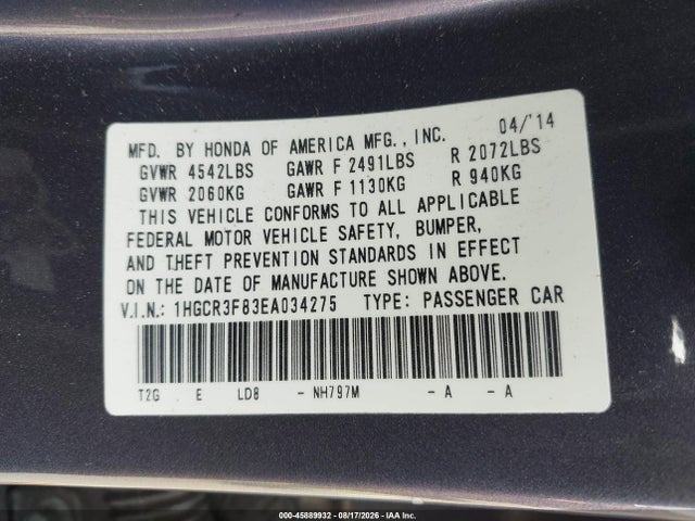Honda Accord Ex-l V-6 2014 1HGCR3F83EA034275 Image 9