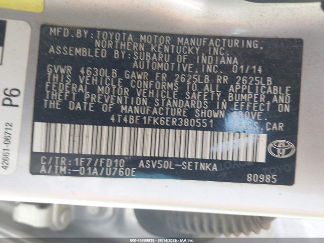 45889938 :رقم المزاد ، 4T4BF1FK6ER380551 vin ، 2014 Toyota Camry Le مزاد بيع