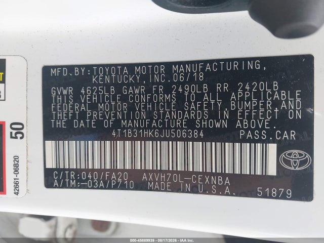 2018 Toyota Camry Hybrid Le მანქანა იყიდება აუქციონზე, vin: 4T1B31HK6JU506384, აუქციონის ნომერი: 45889939