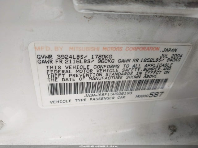Aukcja sprzedaży 2005 Mitsubishi Lancer Ralliart, vin: JA3AJ66F15U006193, numer aukcji: 45889958
