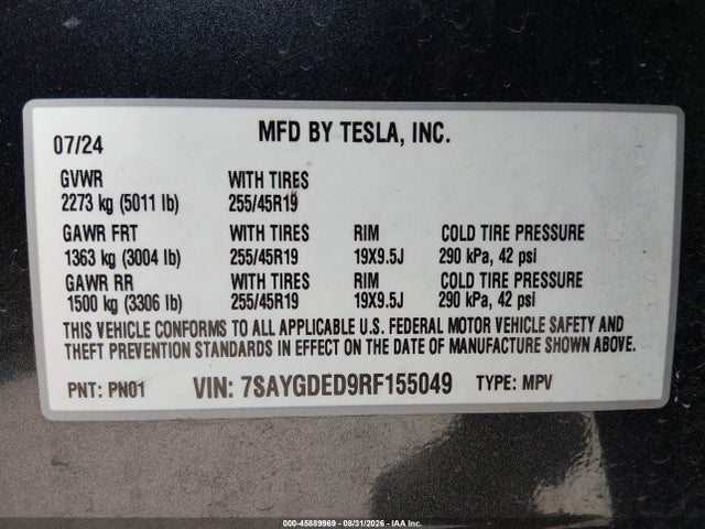 2024 Tesla Model Y Long Range Single Motor Rear-wheel Drive/rwd მანქანა იყიდება აუქციონზე, vin: 7SAYGDED9RF155049, აუქციონის ნომერი: 45889969