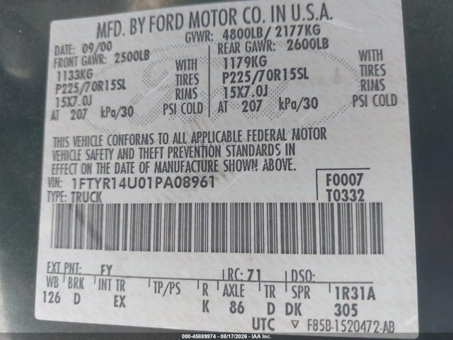 2001 Ford Ranger Edge/xl/xlt მანქანა იყიდება აუქციონზე, vin: 1FTYR14U01PA08961, აუქციონის ნომერი: 45889974