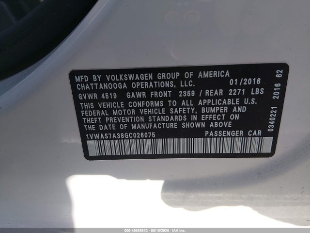 Aukcja sprzedaży 2016 Volkswagen Passat 1.8t S, vin: 1VWAS7A38GC026075, numer aukcji: 45889983