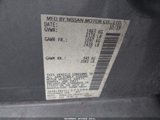 45890004 :رقم المزاد ، 1N4BL4BV2LC173186 vin ، 2020 Nissan Altima S Fwd مزاد بيع