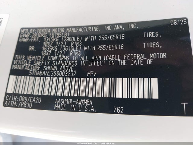 45890007 :رقم المزاد ، 5TDABAA53SS003232 vin ، 2025 Toyota Grand Highlander Hybrid Xle مزاد بيع