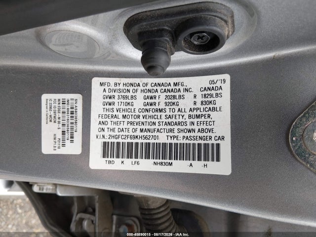 Aukcja sprzedaży 2019 Honda Civic Lx, vin: 2HGFC2F69KH562701, numer aukcji: 45890015