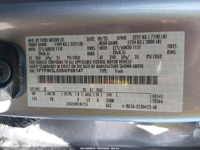 2025 Ford F-150 Xlt მანქანა იყიდება აუქციონზე, vin: 1FTFW3L53SKF08147, აუქციონის ნომერი: 45890016