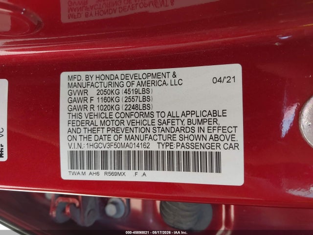 Продажа на аукционе авто 2021 Honda Accord Hybrid Ex-l, vin: 1HGCV3F50MA014162, номер лота: 45890021