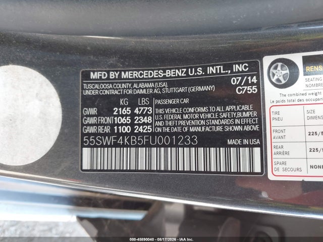 45890040 :رقم المزاد ، 55SWF4KB5FU001233 vin ، 2015 Mercedes-benz C 300 4matic مزاد بيع