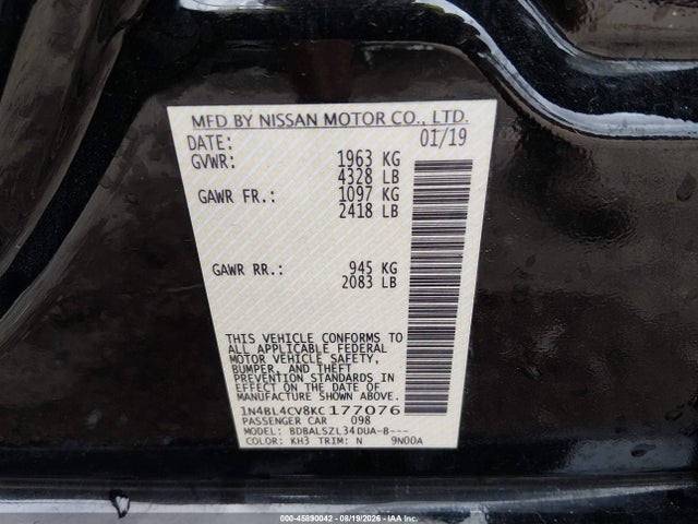 45890042 :رقم المزاد ، 1N4BL4CV8KC177076 vin ، 2019 Nissan Altima 2.5 Sr مزاد بيع