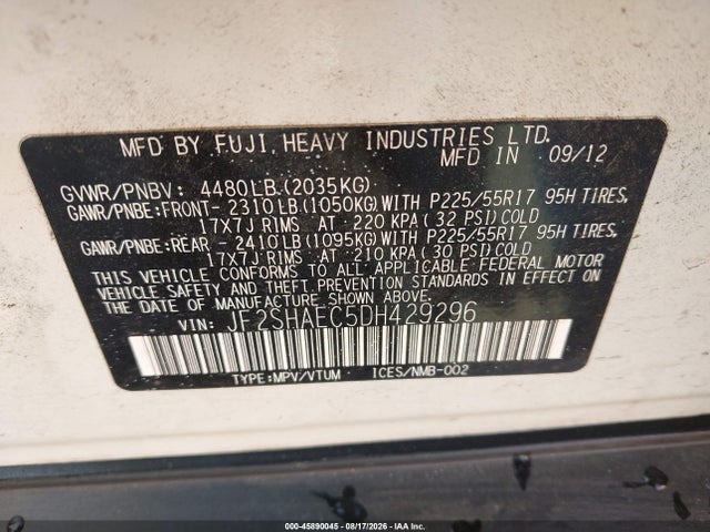 Продаж на аукціоні авто 2013 Subaru Forester 2.5x Limited, vin: JF2SHAEC5DH429296, номер лоту: 45890045