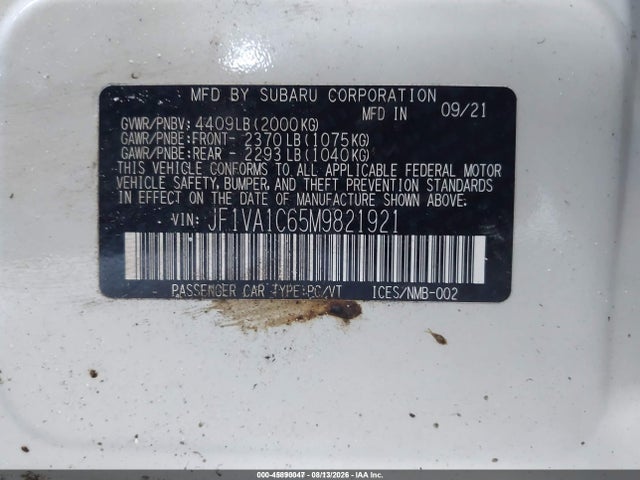 Aukcja sprzedaży 2021 Subaru Wrx Premium, vin: JF1VA1C65M9821921, numer aukcji: 45890047