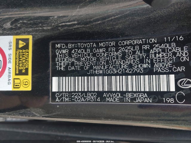 45890056 :رقم المزاد ، JTHBW1GG3H2142793 vin ، 2017 Lexus Es 300h مزاد بيع