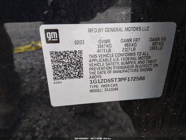 2023 Chevrolet Malibu Fwd 1lt მანქანა იყიდება აუქციონზე, vin: 1G1ZD5ST3PF172586, აუქციონის ნომერი: 45890067