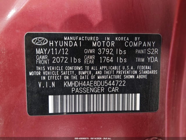 Продажа на аукционе авто 2013 Hyundai Elantra Gls, vin: KMHDH4AE8DU544722, номер лота: 45890078