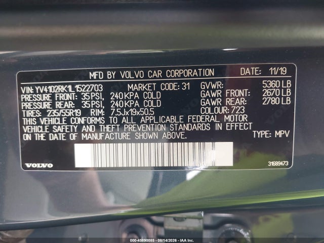 Aukcja sprzedaży 2020 Volvo Xc60 T5 Momentum, vin: YV4102RK1L1522703, numer aukcji: 45890085