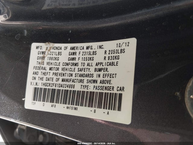 45890092 :رقم المزاد ، 1HGCR2F81DA034896 vin ، 2013 Honda Accord Ex-l مزاد بيع